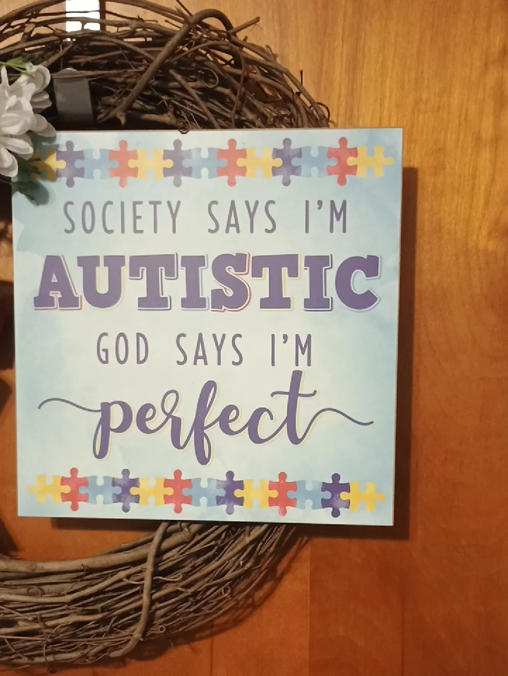 Autism Awareness Grapevine Wreath with Sunflowers and Puzzle Ribbon